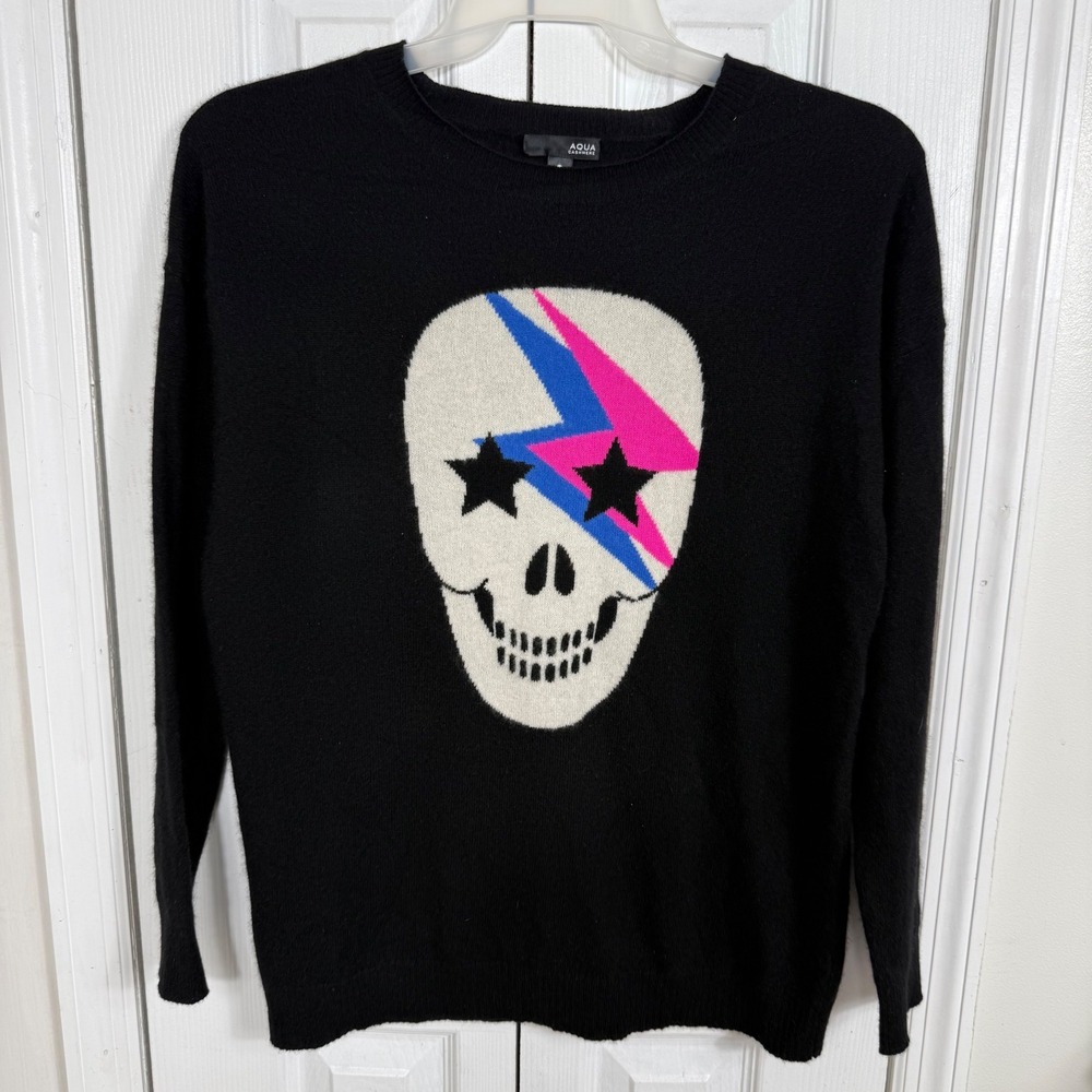 AQUA Cashmere Womens L Skull Sweater 100% Cashmere Halloween Goth Punk Y2K